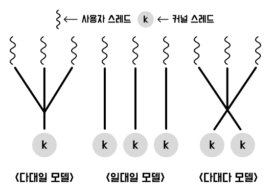 사용자와 커널 스레드 매핑